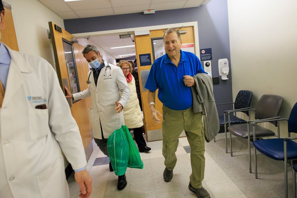 FILE - This image provided by Massachusetts General Hospital shows Tim Andrews smiling as he leaves Massachusetts General Hospital in Boston on Feb. 1, 2025. (Kate Flock/Massachusetts General Hospital via AP, file).