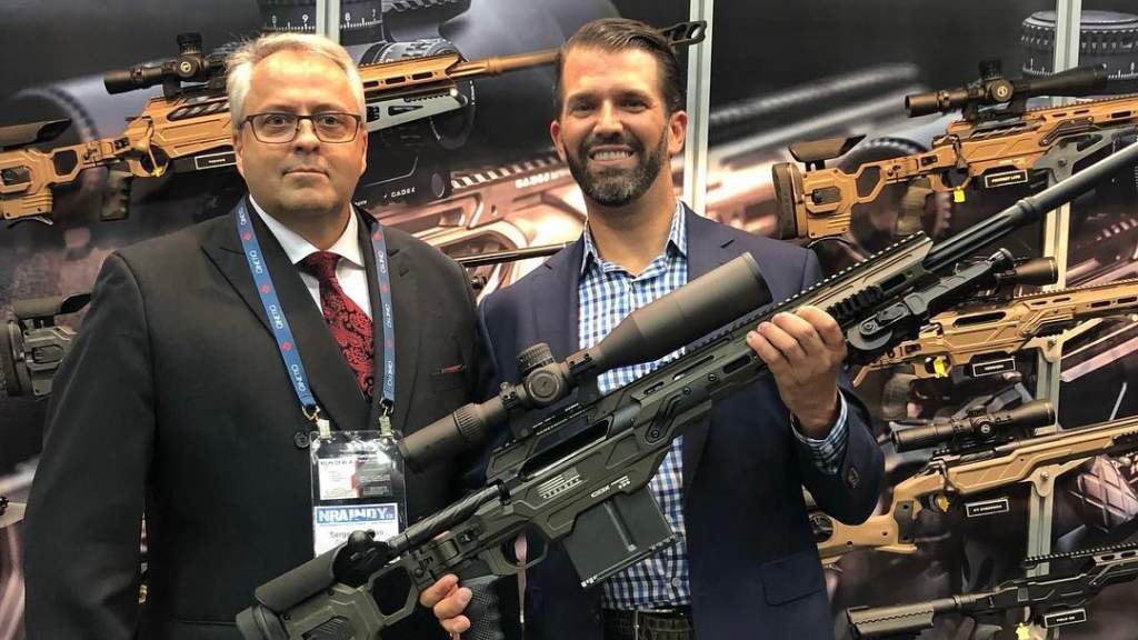 Canada’s Cadex Defence, whose president is seen here with Donald Trump Jr. at 2019 U.S. firearms convention, sells arms to law enforcement but some have turned up in Russia.
