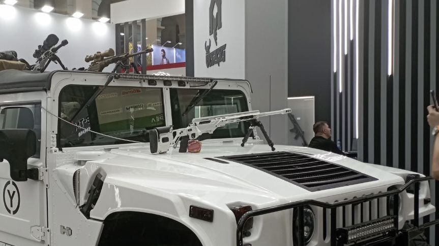 Canadian-made Cadex Defence rifle (on hood of vehicle) displayed at Moscow gun show Orelexpo, Oct. 2-5, 2025.